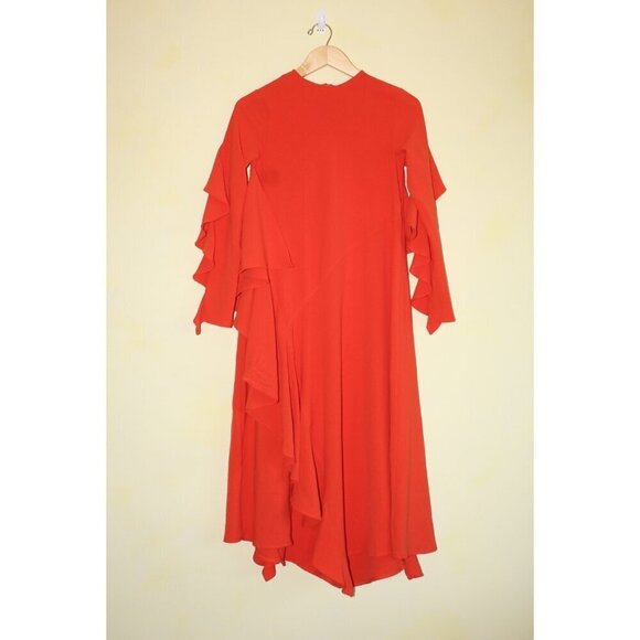 ZARA Hot Chile Ruffle Midi Dress size Small Orange Long Sleeves Pull over - Picture 8 of 9